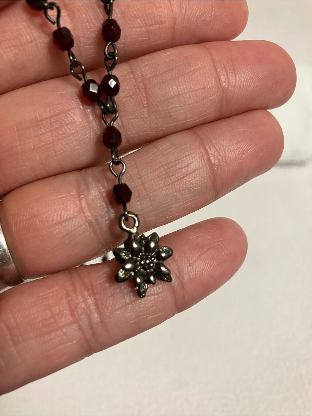 Vintage Gothic Gunmetal and Red Glass Beaded Rosary style Y-Necklace Lariat